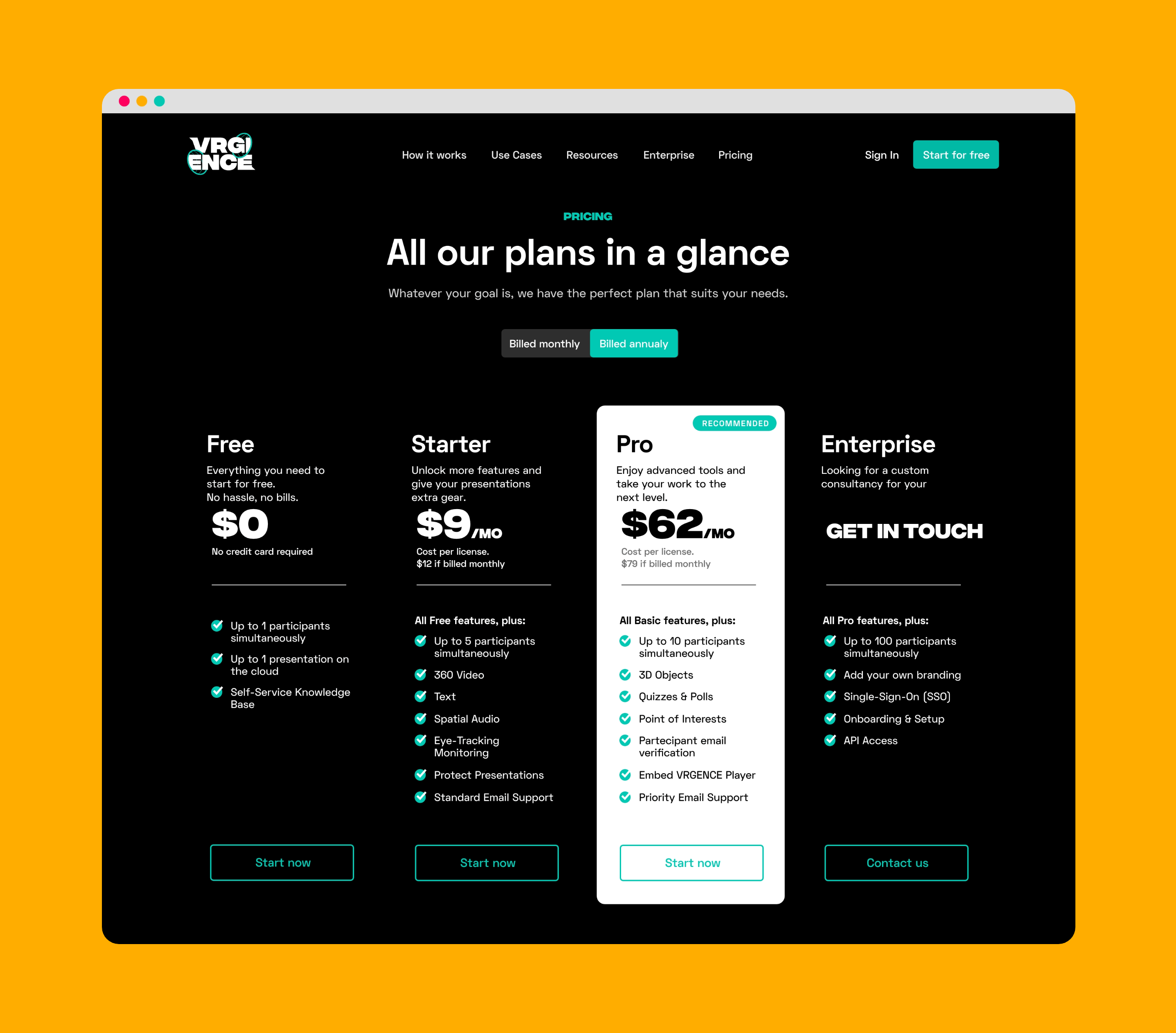 VRGENCE website pricing page